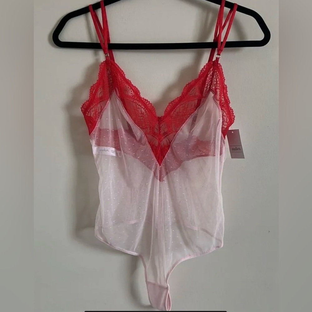 Auden bodysuit lingerie pink red sheer lace thong